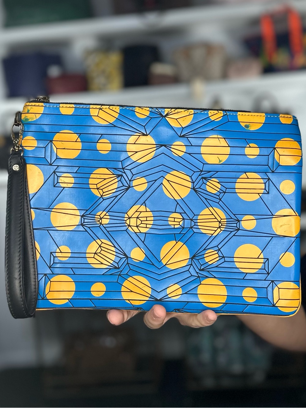 MCM Blue and Yellow Geometric Print Leather Clutch